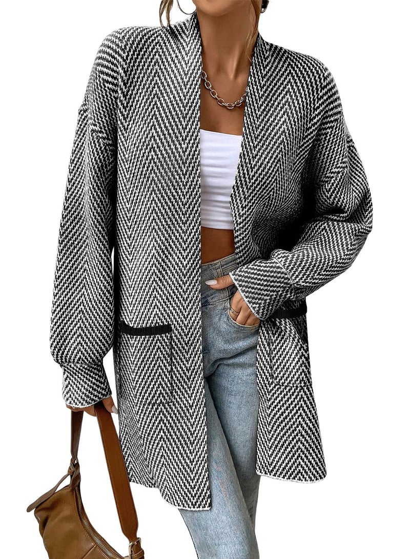 Sidefeel Cardigan Sweaters for Women Long Sleeve Open Front Striped Fall Outfits Chunky Knit Oversized Sweaters Coat Black and White S - Image 1