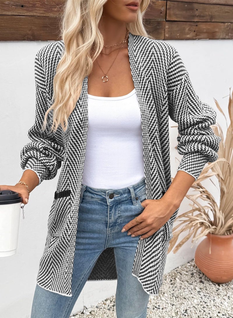 Sidefeel Cardigan Sweaters for Women Long Sleeve Open Front Striped Fall Outfits Chunky Knit Oversized Sweaters Coat Black and White S - Image 4