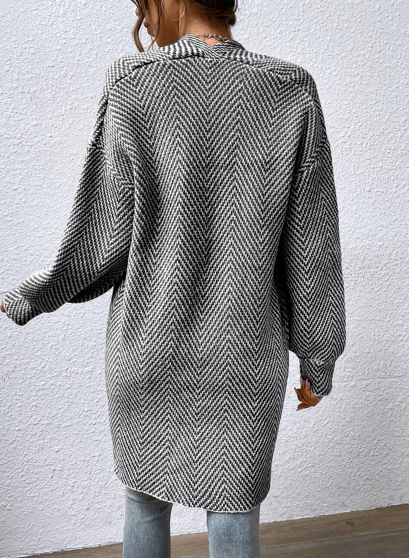 Sidefeel Cardigan Sweaters for Women Long Sleeve Open Front Striped Fall Outfits Chunky Knit Oversized Sweaters Coat Black and White S - Image 3