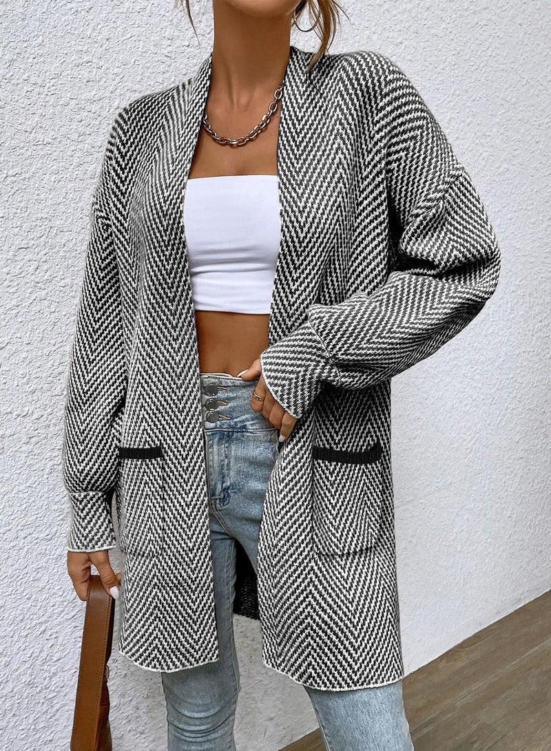 Sidefeel Cardigan Sweaters for Women Long Sleeve Open Front Striped Fall Outfits Chunky Knit Oversized Sweaters Coat Black and White S - Image 2