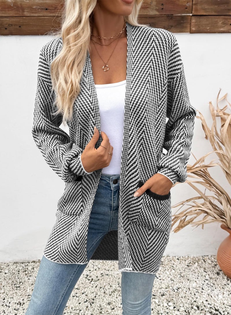 Sidefeel Cardigan Sweaters for Women Long Sleeve Open Front Striped Fall Outfits Chunky Knit Oversized Sweaters Coat Black and White S - Image 5