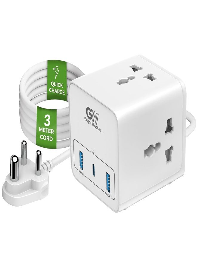 GIGAWATTS لوحة تمديد الطاقة GIGAWATTS 6 في 1 مع 3 مقابس عالمية، 20 واط من النوع C PD و2 منفذ USB-A للشحن السريع، 2500 واط 10 أمبير، سلك متين بطول 3 أمتار، 250 فولت، مقاوم للحريق وآمن للأطفال، محول سفر (ضمان 6 أشهر) - Image 1