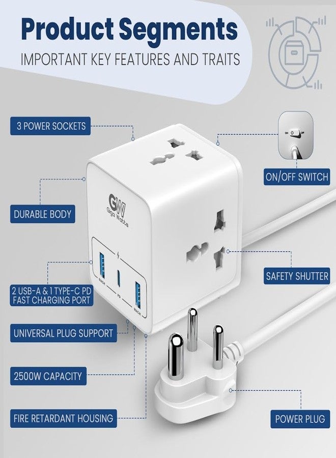 GIGAWATTS لوحة تمديد الطاقة GIGAWATTS 6 في 1 مع 3 مقابس عالمية، 20 واط من النوع C PD و2 منفذ USB-A للشحن السريع، 2500 واط 10 أمبير، سلك متين بطول 3 أمتار، 250 فولت، مقاوم للحريق وآمن للأطفال، محول سفر (ضمان 6 أشهر) - Image 3