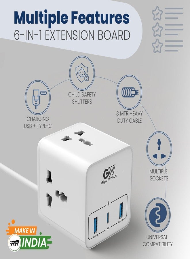 GIGAWATTS لوحة تمديد الطاقة GIGAWATTS 6 في 1 مع 3 مقابس عالمية، 20 واط من النوع C PD و2 منفذ USB-A للشحن السريع، 2500 واط 10 أمبير، سلك متين بطول 3 أمتار، 250 فولت، مقاوم للحريق وآمن للأطفال، محول سفر (ضمان 6 أشهر) - Image 2