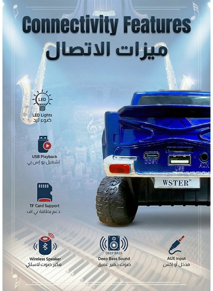 ويستر مكبر صوت بلوتوث صغير على شكل سيارة | صوت نقي وعالي بقوة ١٠ واط، مصابيح أمامية ليد آر جي بي، بطارية ١٥٠٠ مللي أمبير، ستيريو تي دبليو إس، منفذ تي إف / إف إم / أوكس / يو إس بي | مكبر صوت لاسلكي محمول للمنزل والمكتب والسفر - تصميم مرح لجميع الأعمار (أزرق) - Image 5