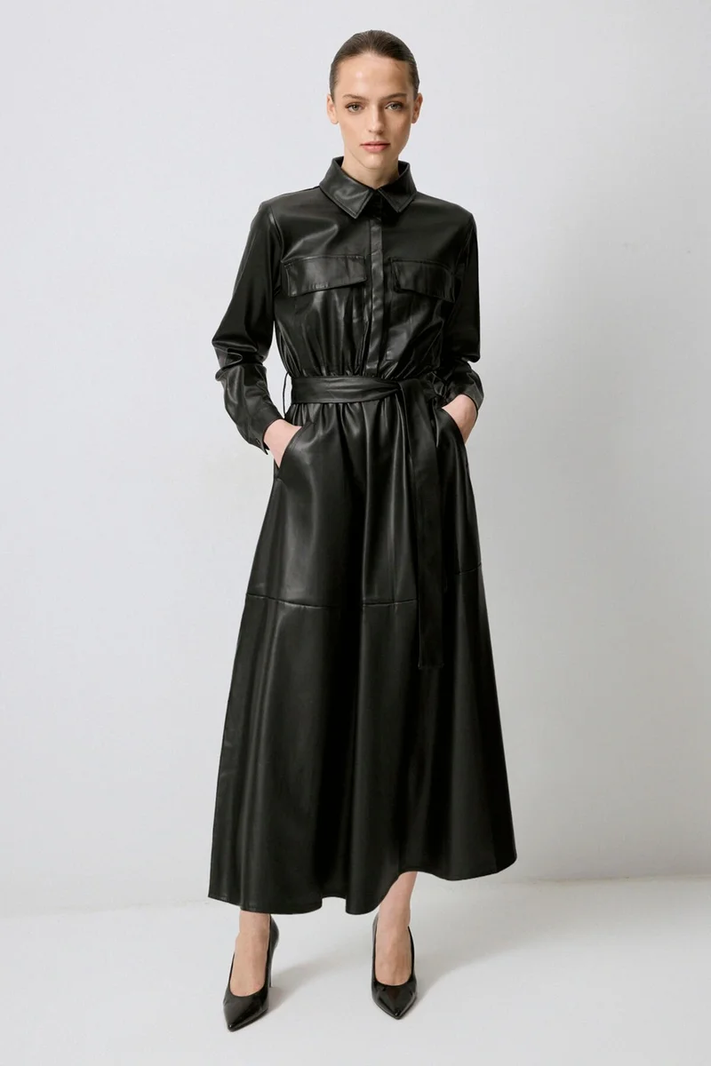 توتشي Long Leather Dress with Front Pockets