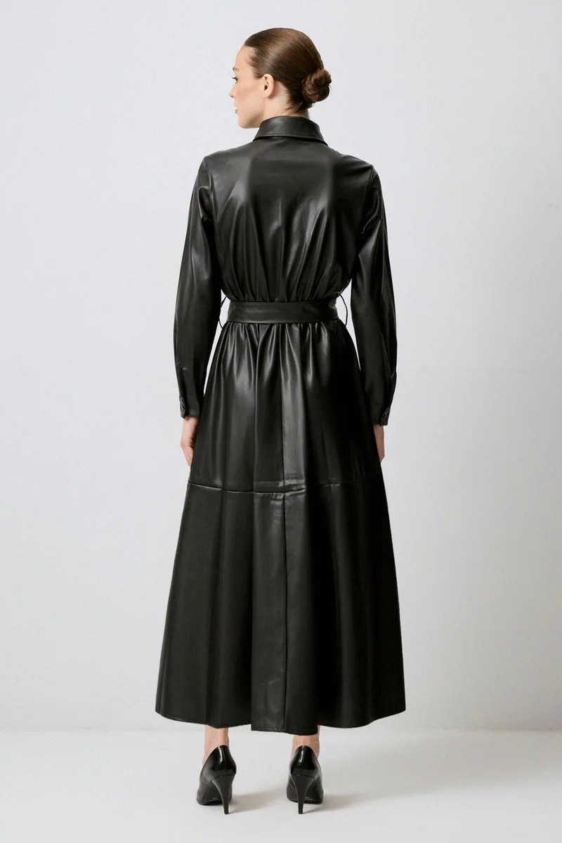 توتشي Long Leather Dress with Front Pockets