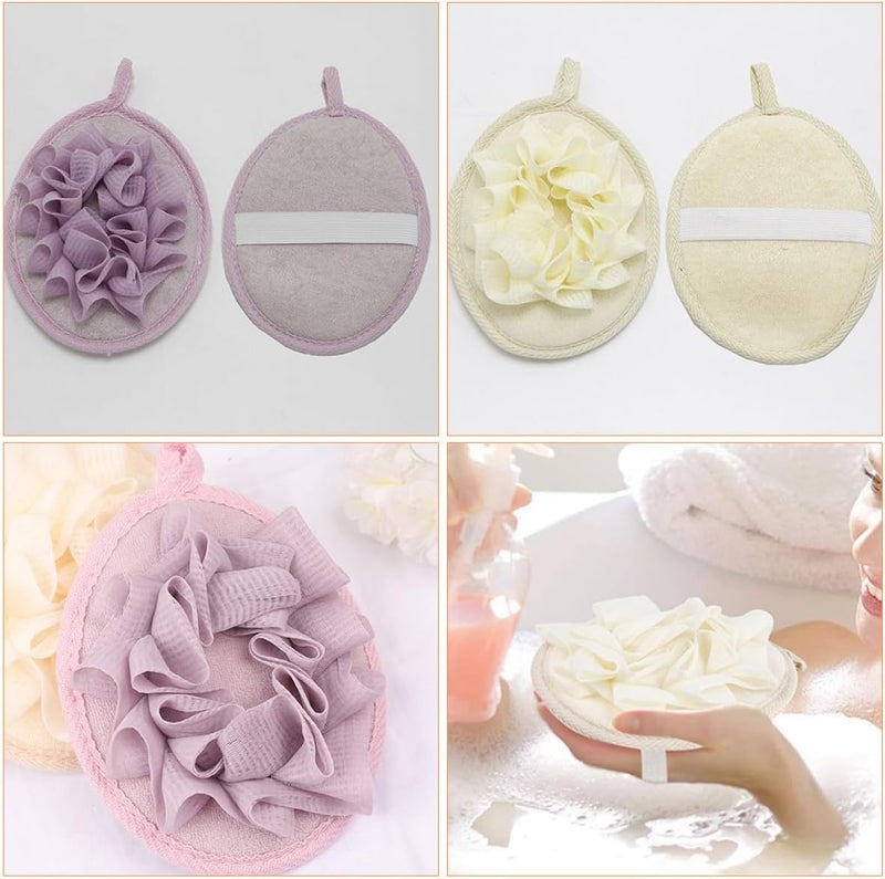 4pcs Bath Loofah Sponge Set Soft Mesh Body Scrubber Exfoliating Towels for Shower Bathing, Reusable Shower Pouf in Purple and Beige for Men and Women - Image 3
