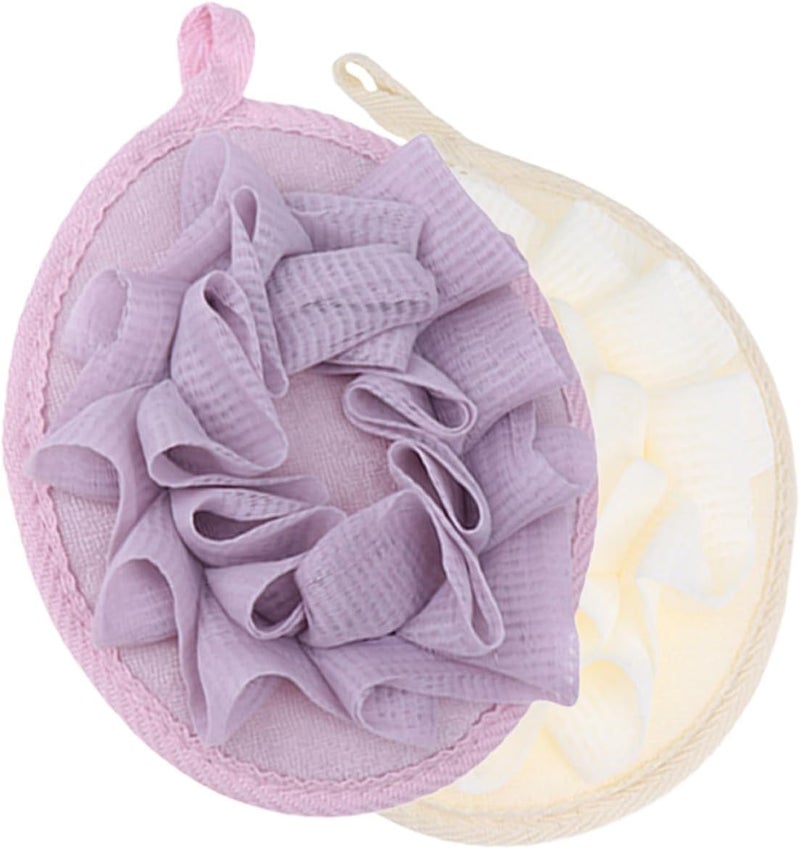 4pcs Bath Loofah Sponge Set Soft Mesh Body Scrubber Exfoliating Towels for Shower Bathing, Reusable Shower Pouf in Purple and Beige for Men and Women - Image 1