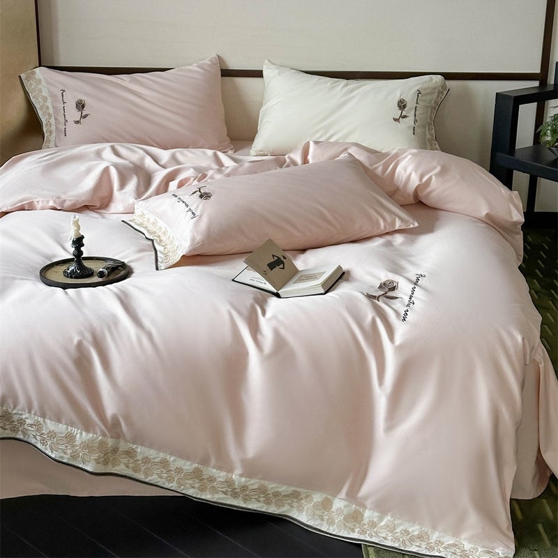 French Australian Cotton Four-Piece Set, Small Fresh Rose Embroidered Quilt Cover, Naked Sleeping Sheets, Elegant High-End Bedding - Image 3