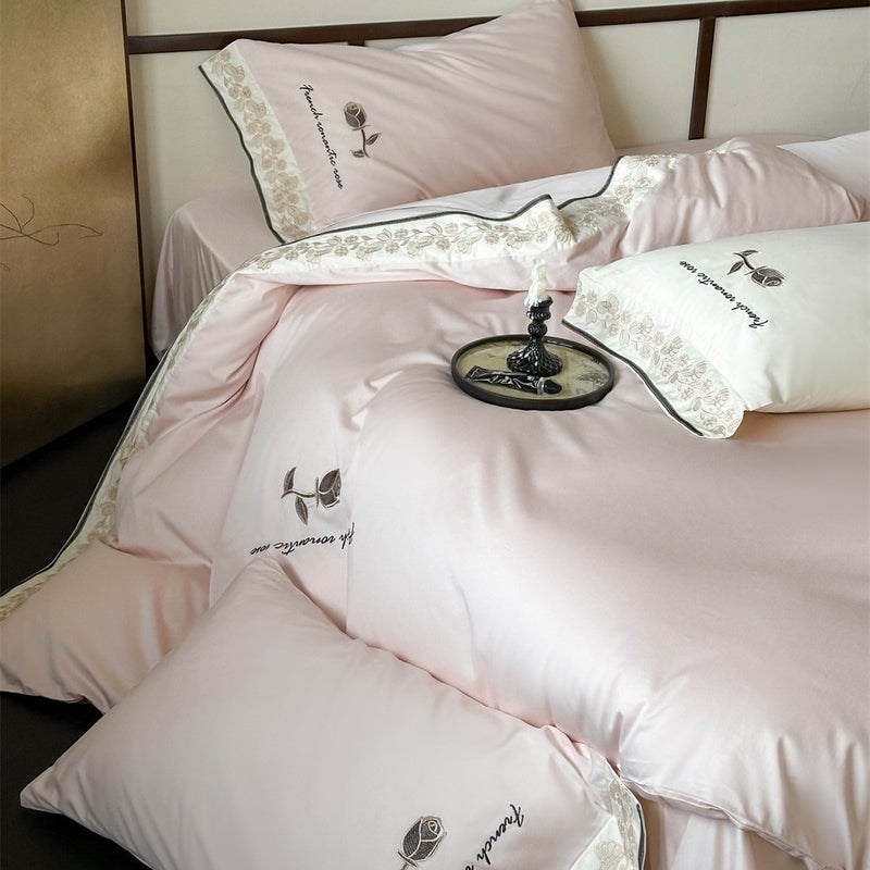 French Australian Cotton Four-Piece Set, Small Fresh Rose Embroidered Quilt Cover, Naked Sleeping Sheets, Elegant High-End Bedding - Image 4