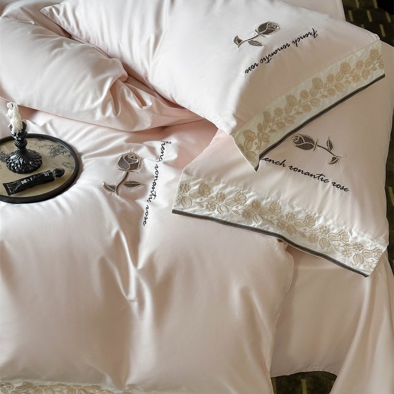 French Australian Cotton Four-Piece Set, Small Fresh Rose Embroidered Quilt Cover, Naked Sleeping Sheets, Elegant High-End Bedding - Image 5
