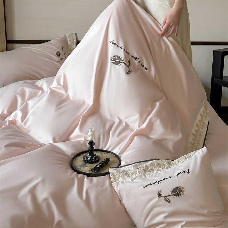 French Australian Cotton Four-Piece Set, Small Fresh Rose Embroidered Quilt Cover, Naked Sleeping Sheets, Elegant High-End Bedding - Image 2