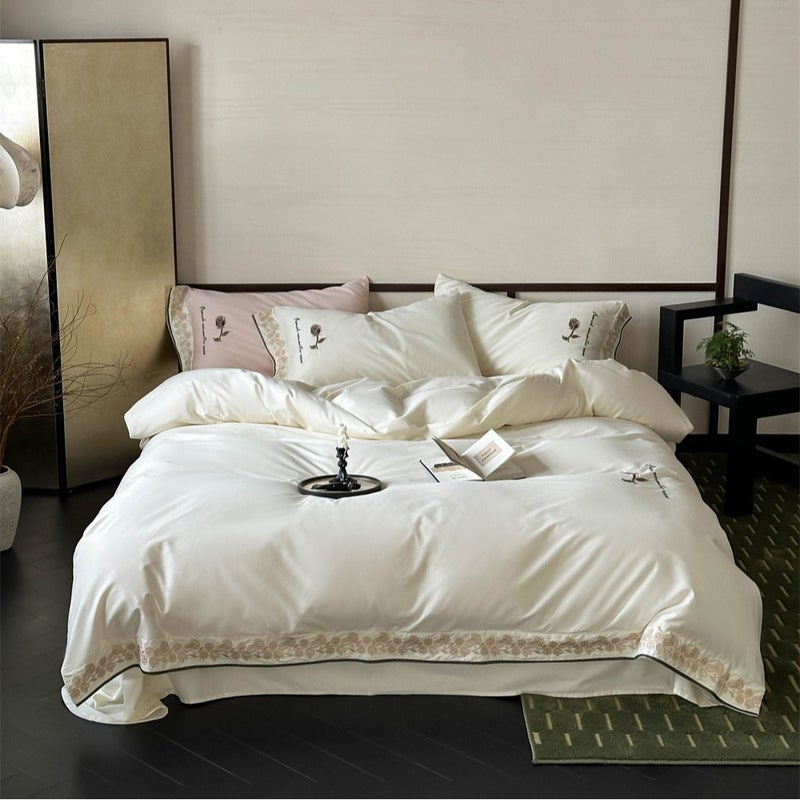 French Australian Cotton Four-Piece Set, Small Fresh Rose Embroidered Quilt Cover, Naked Sleeping Sheets, Elegant High-End Bedding - Image 1