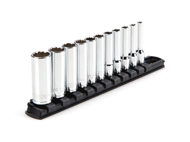 TEKTON 1/4 Inch Drive Deep 12-Point Socket Set with Rail, 11-Piece (5/32-9/16 in.) | SHD90107 - Image 1