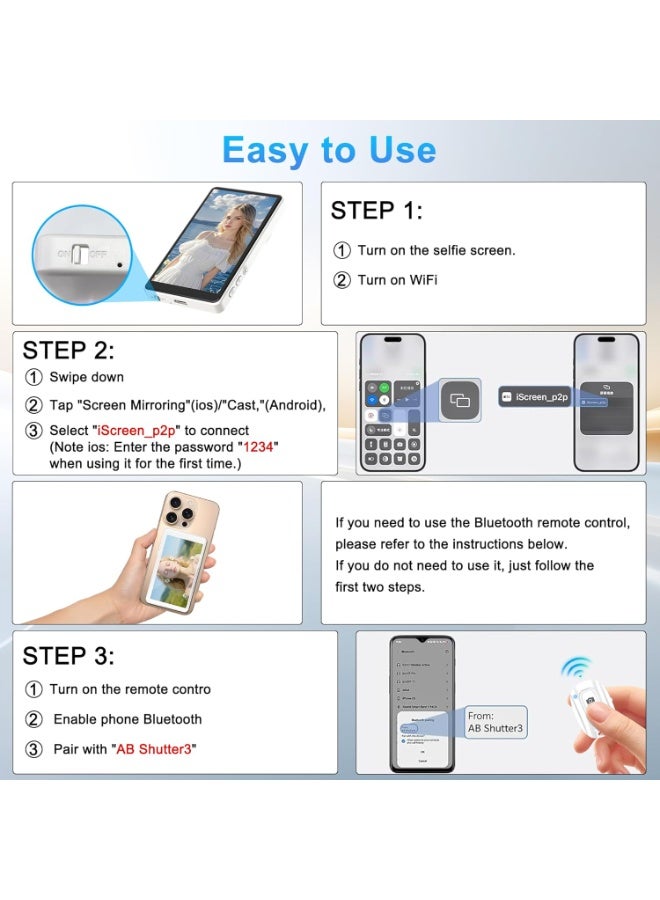 إي وورلد شاشة مراقبة سيلفي مغناطيسية، عكس شاشة الهاتف لاسلكيًا للكاميرا الخلفية للتصوير والتدوين، متوافقة مع آيفون وأندرويد، أبيض - Image 2
