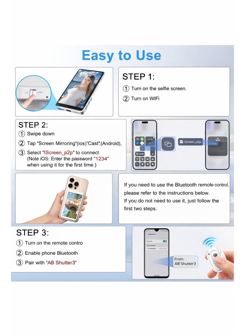 إي وورلد شاشة مراقبة سيلفي مغناطيسية، عكس شاشة الهاتف لاسلكيًا للكاميرا الخلفية للتصوير والتدوين، متوافقة مع آيفون وأندرويد، أبيض - Image 2