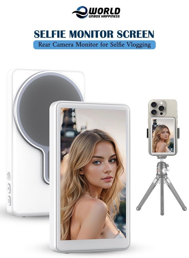إي وورلد شاشة مراقبة سيلفي مغناطيسية، عكس شاشة الهاتف لاسلكيًا للكاميرا الخلفية للتصوير والتدوين، متوافقة مع آيفون وأندرويد، أبيض - Image 1