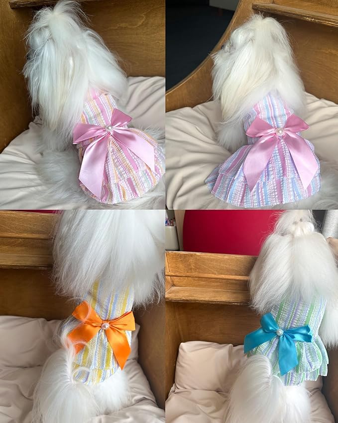 KUTKUT polycotton Small Dog Cat Girl Casual Dress Cute Bowknot Tutu Summer Dress Striped Dog Clothes for Small Dogs, Cat Pet Apparel (Size: 2XL,Chest: 55Cm,Yellow),1 count - Image 5