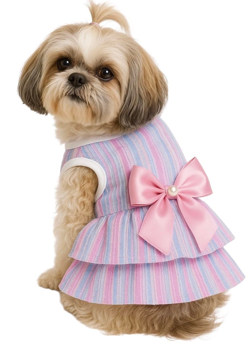 KUTKUT polycotton Small Dog Cat Girl Casual Dress Cute Bowknot Tutu Summer Dress Striped Dog Clothes for Small Dogs, Cat Pet Apparel (Size: 2XL,Chest: 55Cm,Yellow),1 count - Image 1