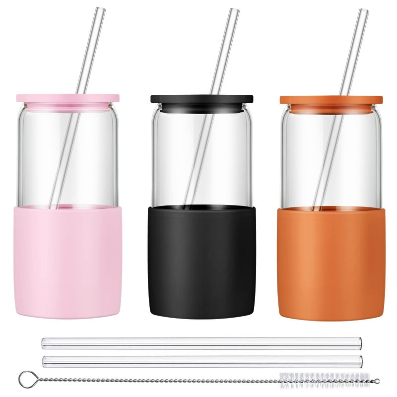 Sunseeke Glass Tumbler مع قش وغطاء 16 أوقية من القهوة الجليدية كوب من الأكمام السيليكون تنظيف فرش شرب الكريات للمياه المثلجة المثلجة - BPA Free -3pack - Image 1