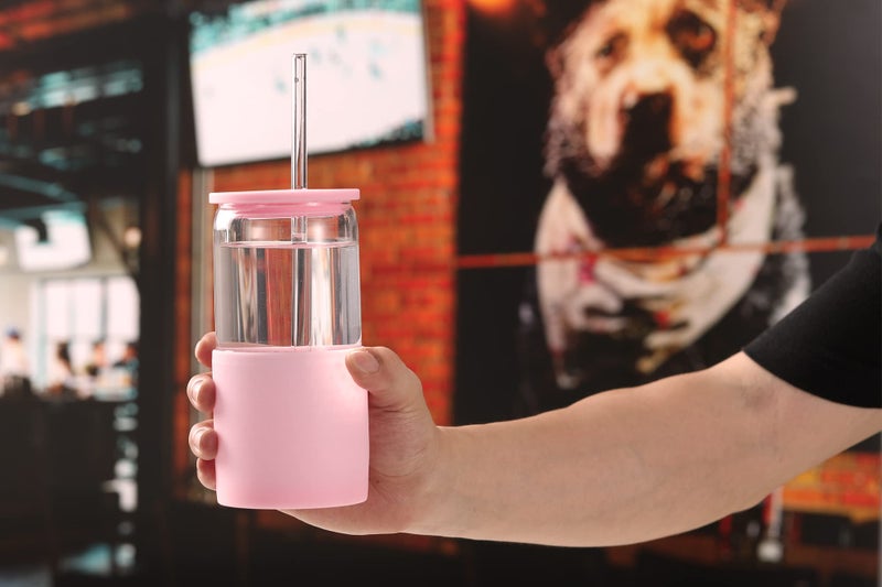 Sunseeke Glass Tumbler مع قش وغطاء 16 أوقية من القهوة الجليدية كوب من الأكمام السيليكون تنظيف فرش شرب الكريات للمياه المثلجة المثلجة - BPA Free -3pack - Image 3