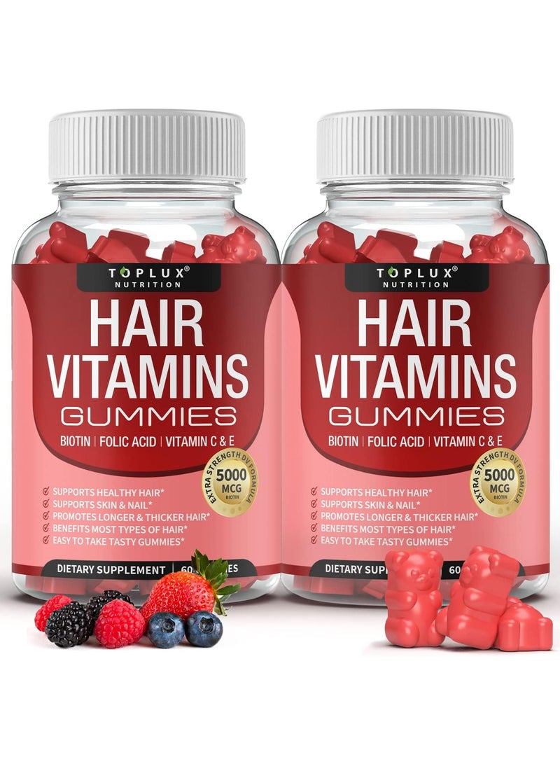 Toplux مكملات فيتامينات الشعر - علكة لتسريع نمو الشعر 5000 ميكروجرام بيوتين وحمض الفوليك وفيتامين سي وفيتامين إي، تدعم شعرًا أقوى وأكثر كثافة وبشرة وأظافر، خالية من الكائنات المعدلة وراثيًا، للرجال والنساء، 60 علكة بنكهة التوت - Image 1