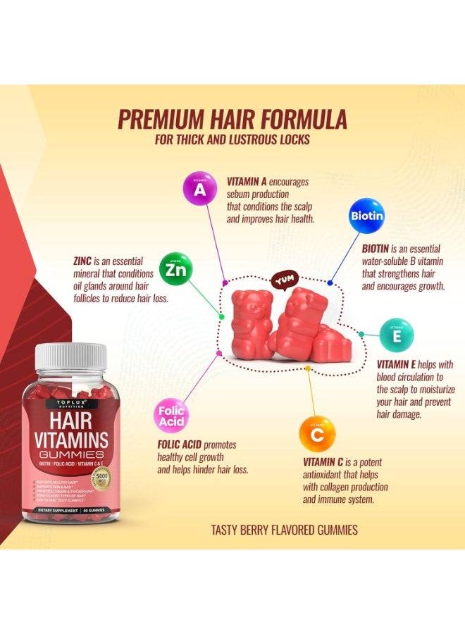 Toplux مكملات فيتامينات الشعر - علكة لتسريع نمو الشعر 5000 ميكروجرام بيوتين وحمض الفوليك وفيتامين سي وفيتامين إي، تدعم شعرًا أقوى وأكثر كثافة وبشرة وأظافر، خالية من الكائنات المعدلة وراثيًا، للرجال والنساء، 60 علكة بنكهة التوت - Image 2