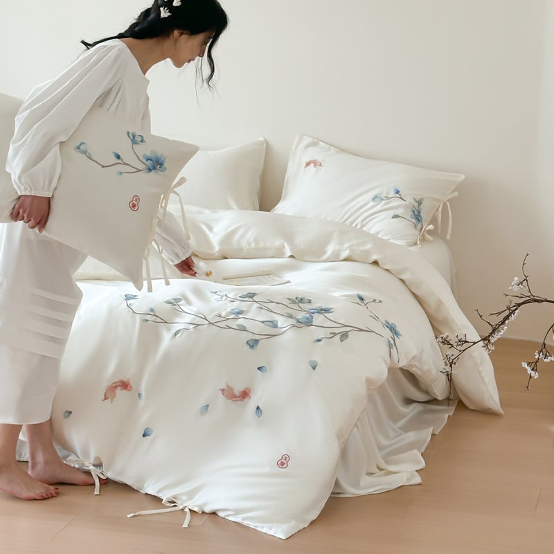 Luxury Jade Orchid Carp Tencel Bedding Set - High-End Embroidered Sheets & Duvet Cover, Machine Washable for  Summer - Image 1