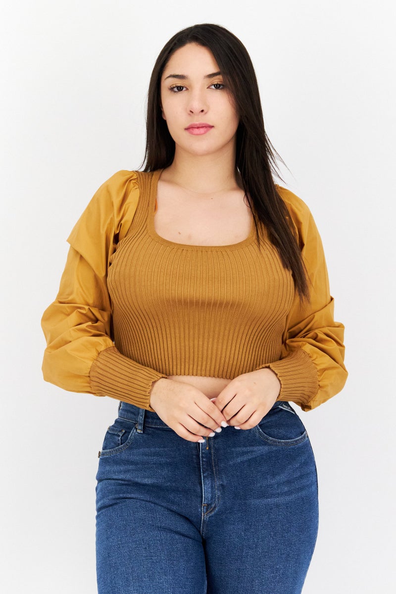 En Saison بلوزة نسائية بأكمام طويلة على شكل حرف U، تان - Image 1