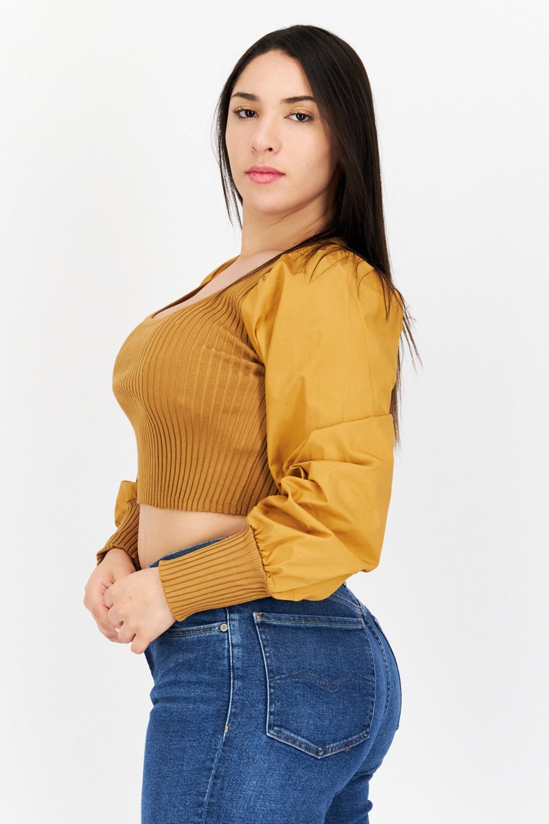 En Saison بلوزة نسائية بأكمام طويلة على شكل حرف U، تان - Image 4