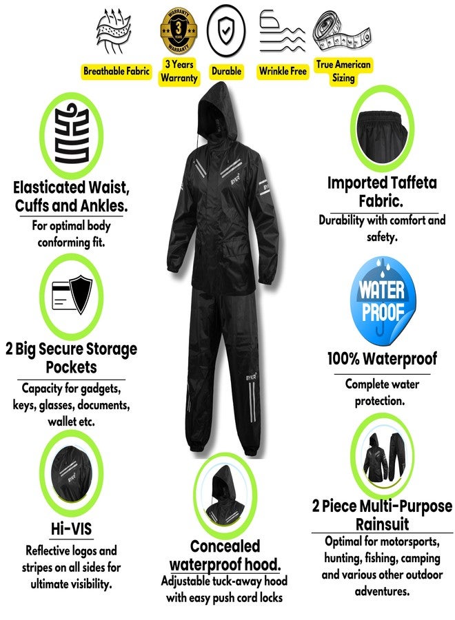 BYKR Waterproof Outdoors Motorcycle Rain Suits for Men & Women Cycling 2-Piece Breathable & Windproof Wet Weather Protection Motocross Rain Gear Reflective Rainwear All Sports Riding Rainsuit Black XL - Image 2