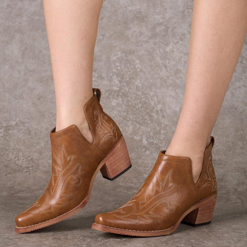 Rollda Cowboy Ankle Booties for Women, Cowgirl Short Boots with Chunky Stack Heels, V Cutout Ladies Western Booties for Cowboy Chic Style, Brown, Size 8 - Image 3