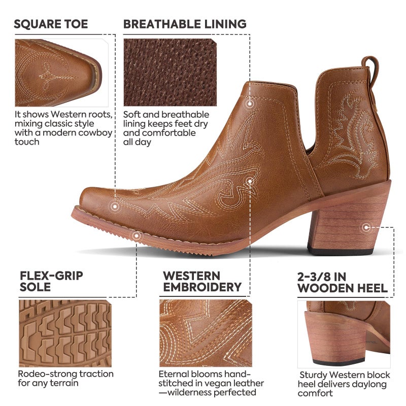 Rollda Cowboy Ankle Booties for Women, Cowgirl Short Boots with Chunky Stack Heels, V Cutout Ladies Western Booties for Cowboy Chic Style, Brown, Size 8 - Image 4