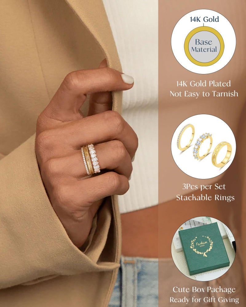 FUNEIA Stackable Gold Rings for Women Non Tarnish Chunky 14K Gold Plated Rings that Don't Tarnish Engagement Cubic Zirconia Ring Set Stack Dainty Pinky Wedding Bands Thumb Rings Gold Jewelry Size 6-11 - Image 4
