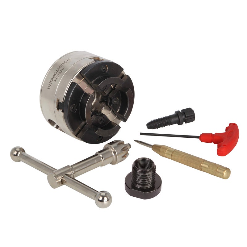 VINWOX 334INCH 4Jaw SelfCentering Wood Lathe Chuck 2 Round Jaw Mounted 1x8TPI thread 34x16TPI Adapter Tightening Key T Allen Wrench Screw Chuck SCK4375 Nickle electric Coating Body