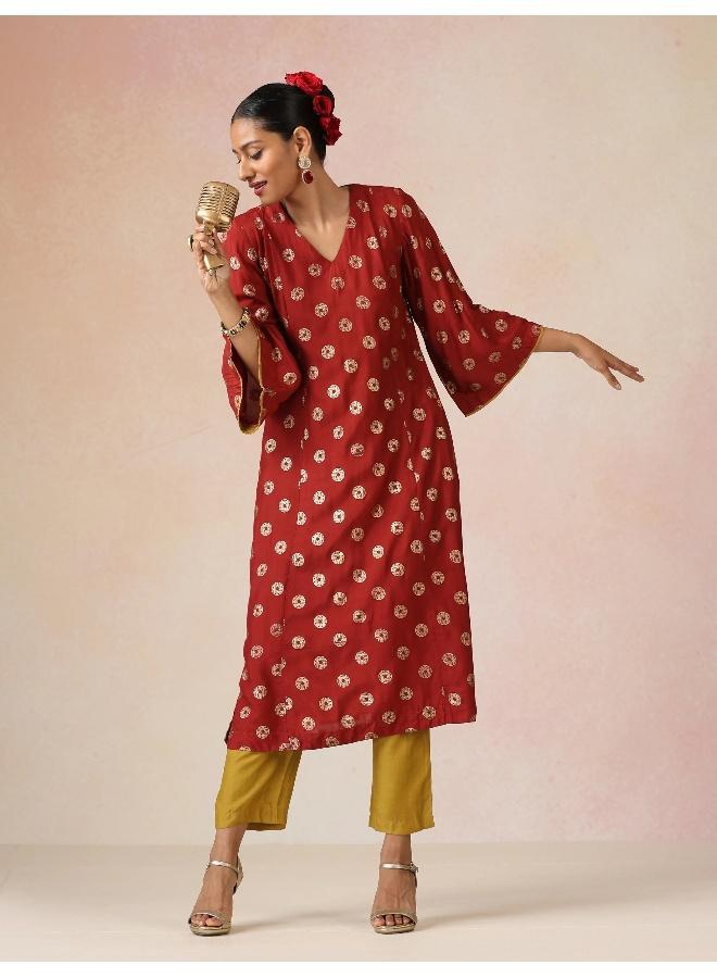trueBrowns Red Gold Foil Print Muslin Silk A-line Kurta Set - Image 1