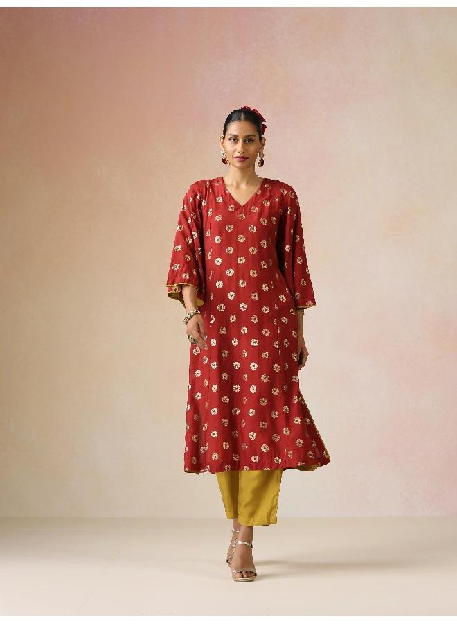 trueBrowns Red Gold Foil Print Muslin Silk A-line Kurta Set - Image 2