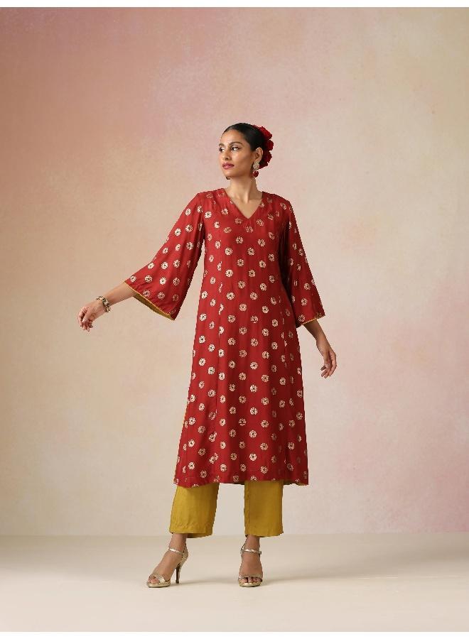 trueBrowns Red Gold Foil Print Muslin Silk A-line Kurta Set - Image 3