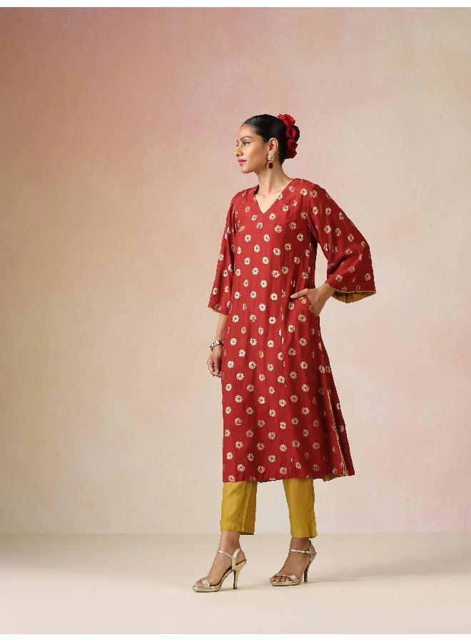 trueBrowns Red Gold Foil Print Muslin Silk A-line Kurta Set - Image 4