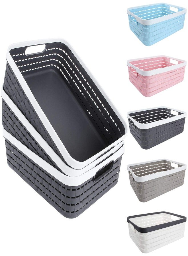 CertBuy 3 Pack Plastic Storage Baskets 14 x 10 x 4.5 Inch, Large Weave Storage Bins with Handle for Cabinet, Shelf, Kitchen, Bedroom, Bathroom and office – Dark Grey - Image 1