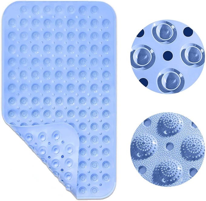 BATH MATS FOR BATHROOM NON SLIP WASHABLE BATHROOM BATHTUB MATS KITCHEN BEDROOM BATHROOM TOILET DOORMAT PET MAT DRAIN HOLES FOOT MASSAGE SUCTION CUPSBLUE SIZE 70 X 38 CM