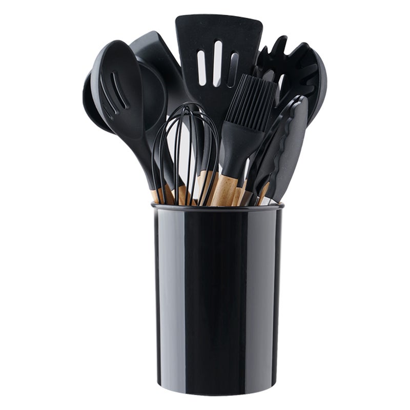 Wooden Handle Silicone Kitchenware Suit With Storage Bucket Non-Stick Pan Kitchen Cooking Utensils Shovel Spoon 12-Piece Set - Image 1