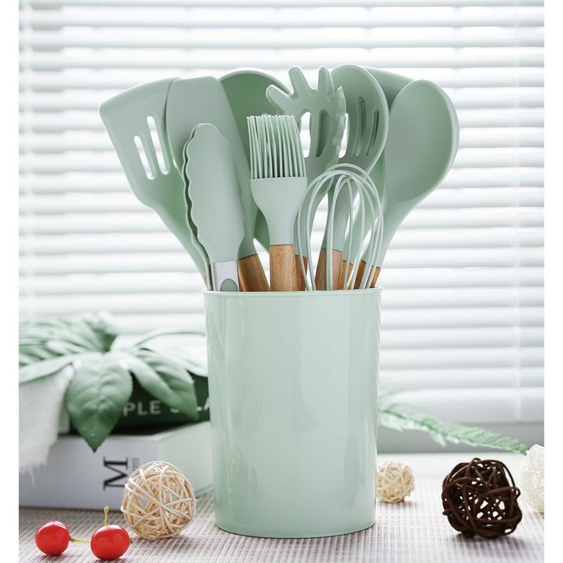 Wooden Handle Silicone Kitchenware Suit With Storage Bucket Non-Stick Pan Kitchen Cooking Utensils Shovel Spoon 12-Piece Set - Image 4