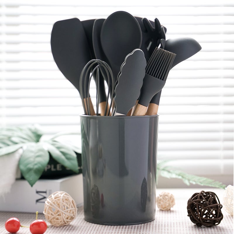 Wooden Handle Silicone Kitchenware Suit With Storage Bucket Non-Stick Pan Kitchen Cooking Utensils Shovel Spoon 12-Piece Set - Image 5