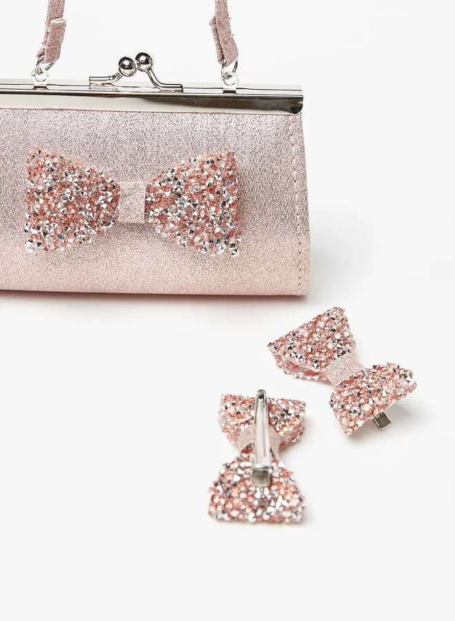 Flora Bella By Shoexpress Girls 3-Piece Bow Embellished Handbag and Hairclip Set