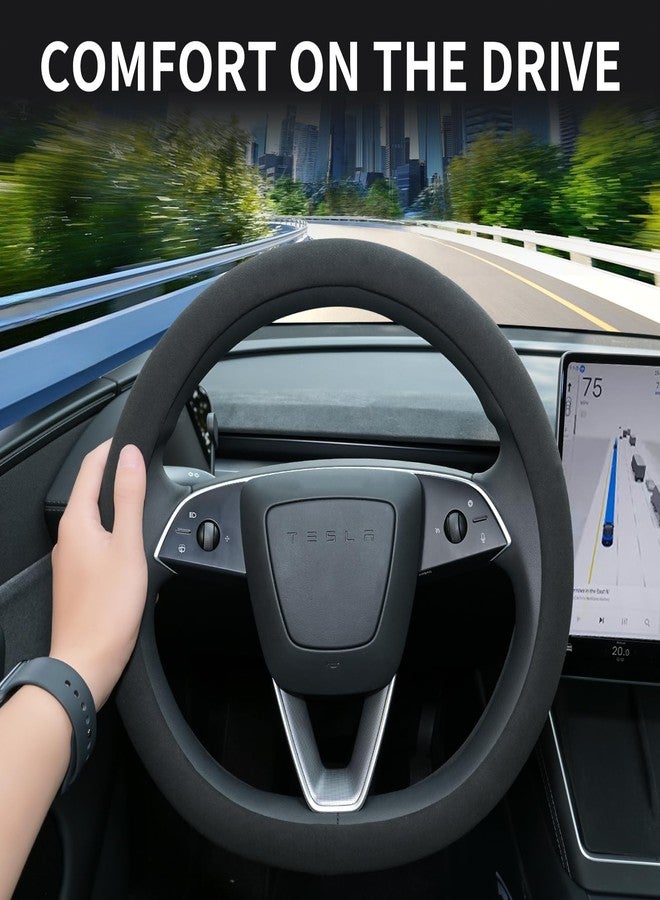 Uxcer Suede Steering Wheel Cover for Tesla Model 3/Y 2016-2025 2026 Juniper/Highland, Non-Slip Breathable Tesla Model 3/Y Steering Wheel Protector, Black - Image 3