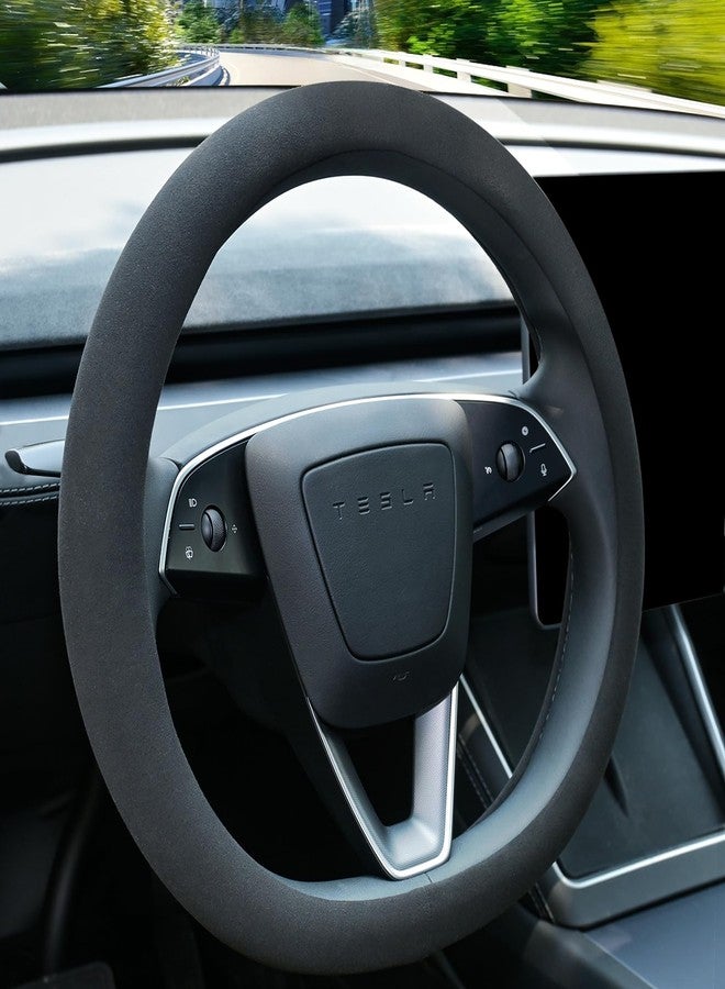 Uxcer Suede Steering Wheel Cover for Tesla Model 3/Y 2016-2025 2026 Juniper/Highland, Non-Slip Breathable Tesla Model 3/Y Steering Wheel Protector, Black - Image 1