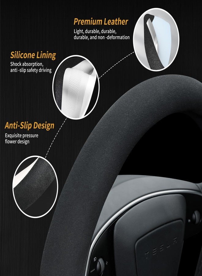 Uxcer Suede Steering Wheel Cover for Tesla Model 3/Y 2016-2025 2026 Juniper/Highland, Non-Slip Breathable Tesla Model 3/Y Steering Wheel Protector, Black - Image 5