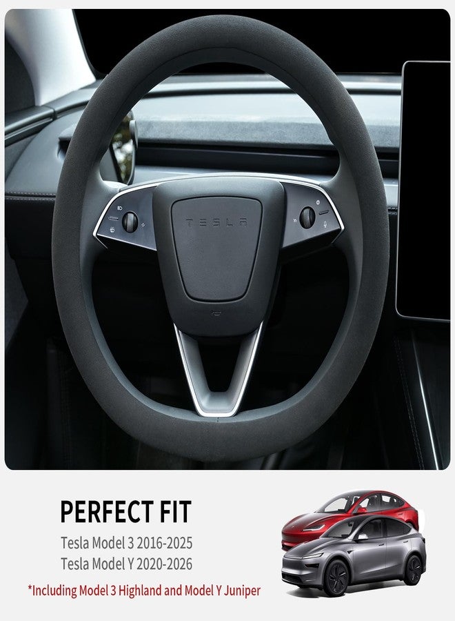 Uxcer Suede Steering Wheel Cover for Tesla Model 3/Y 2016-2025 2026 Juniper/Highland, Non-Slip Breathable Tesla Model 3/Y Steering Wheel Protector, Black - Image 2